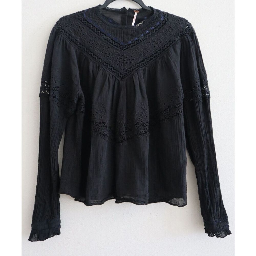 Free People OB1074069 Women's Sz M Black Semi-Sheer Abigail Victorian Top